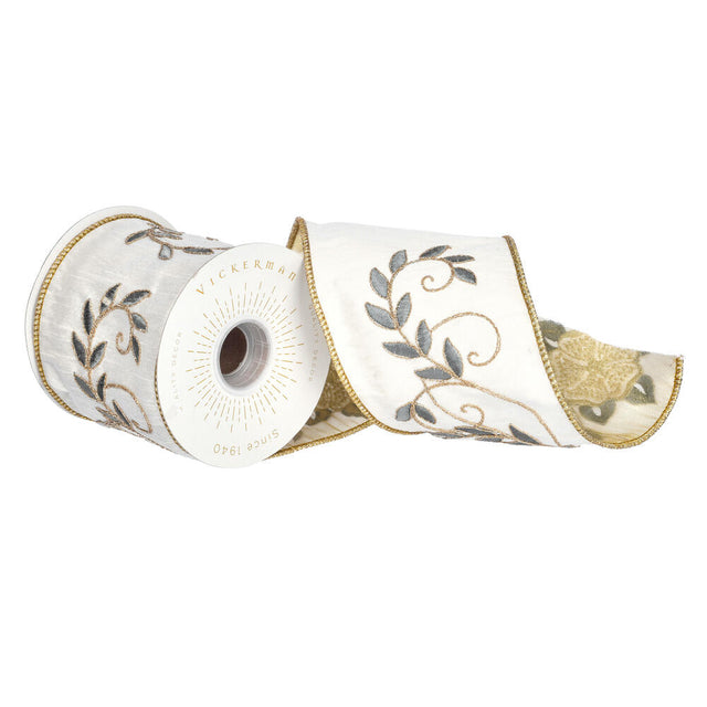 4" x 5YDS Ivory Cord with Sequin Embroidered Dupioni Ribbon