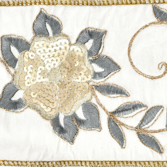 4" x 5YDS Ivory Cord with Sequin Embroidered Dupioni Ribbon
