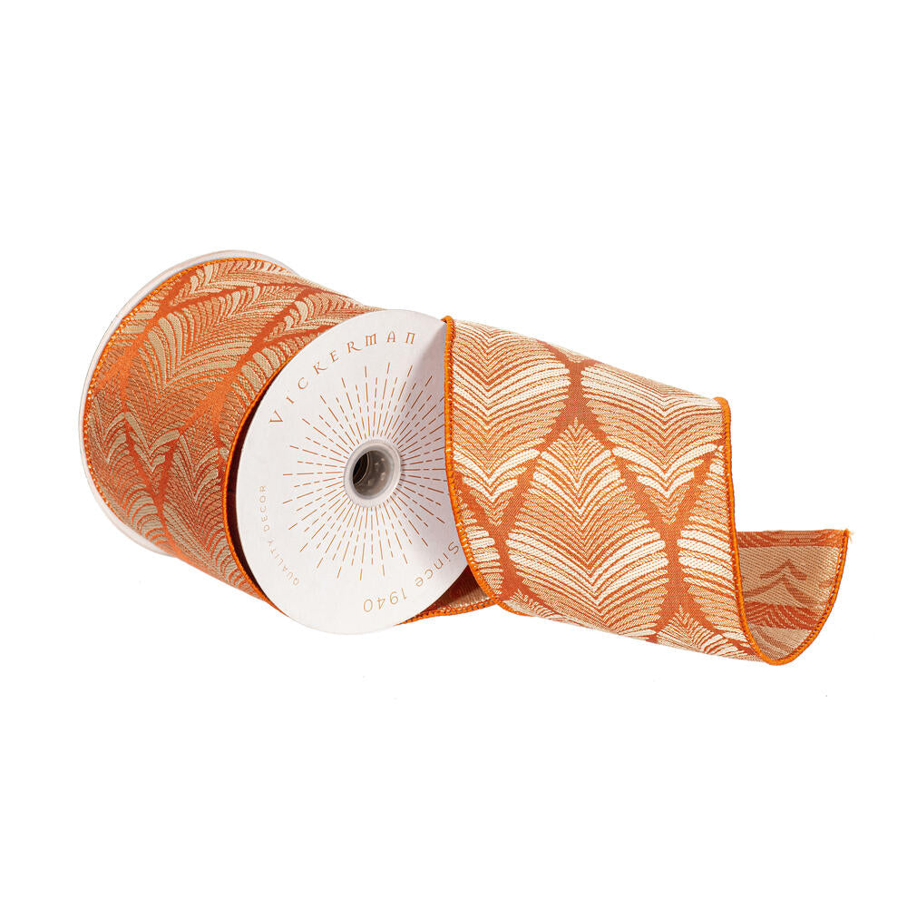 4" x 10 Yards Champagne White Feather or Burnish Orange Champagne Leaf Wired Ribbon