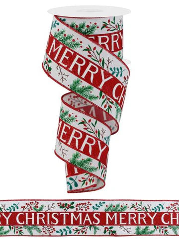 2.5" White/Green/Red "Merry Christmas" Ribbon- 10 Yards
