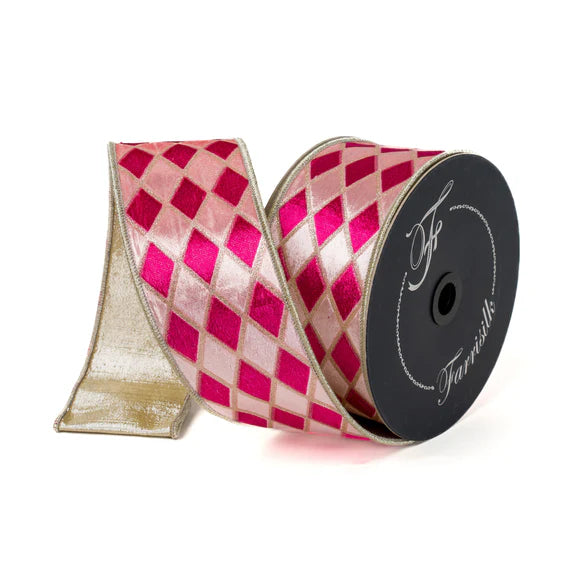 2.5" | 4"X10YD Pink Velvet Diamonds Ribbon | Hot Pink, Light Pink