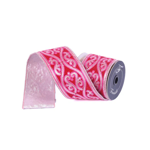 4" x 5YDS Morris Tapestry Farrisilk Wired Ribbon | Hot Pink, Pink