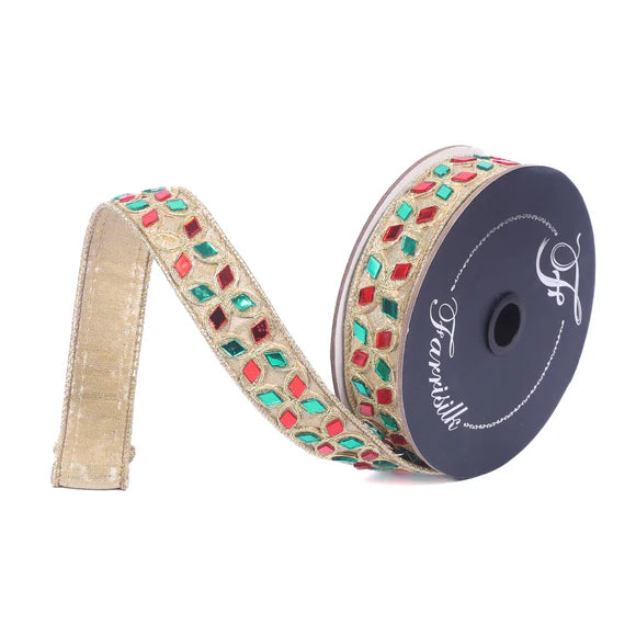 1" x 5YDS Looking Glass Farrisilk Wired Ribbon | Red, Green, Gold