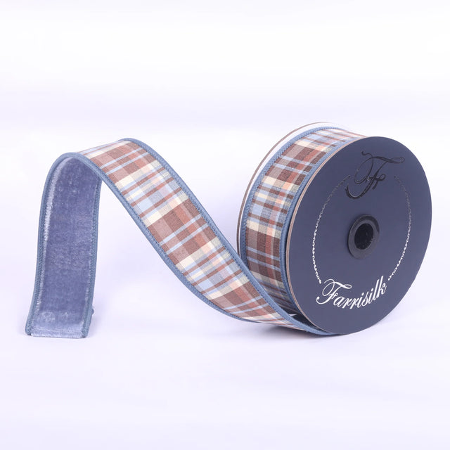 1.5" x 10YDS Steel Blue & Chocolate Plaid Plush Farrisilk Wired Ribbon