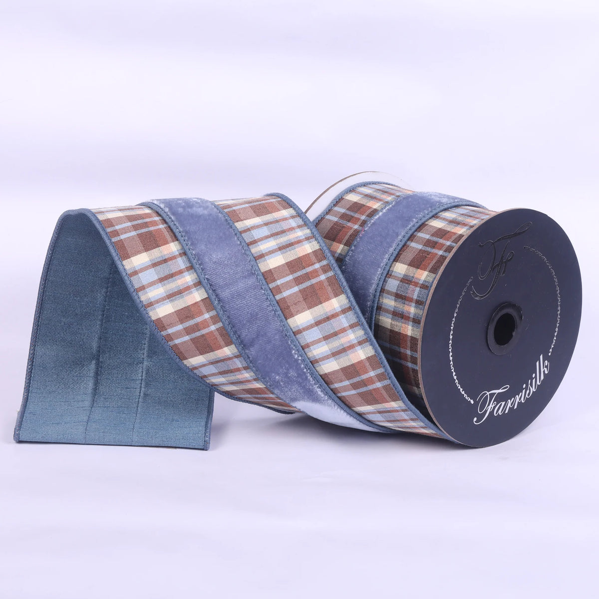 4" x 10YDS Steel Blue & Chocolate Plaid Plush Farrisilk Wired Ribbon