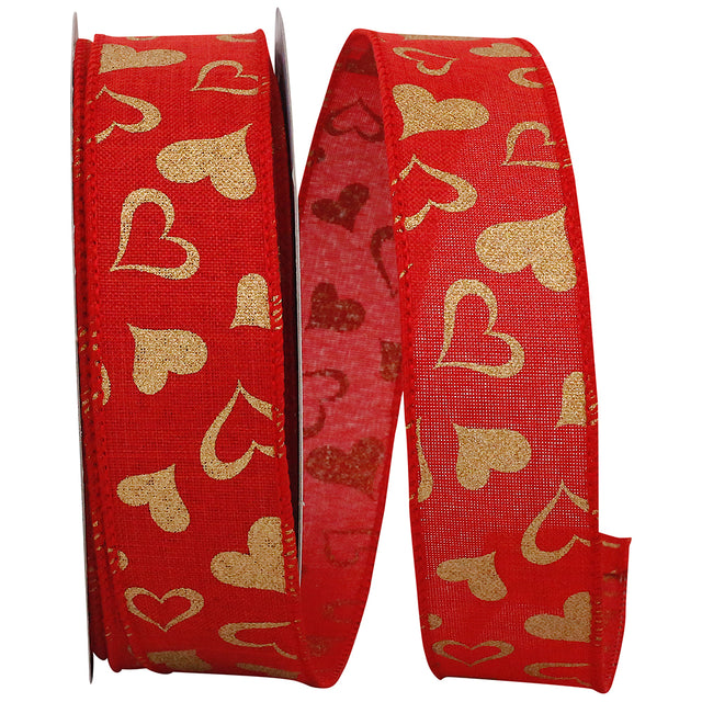 1.5" Red & Gold Heart Linen Wired Edge | 25 Yards
