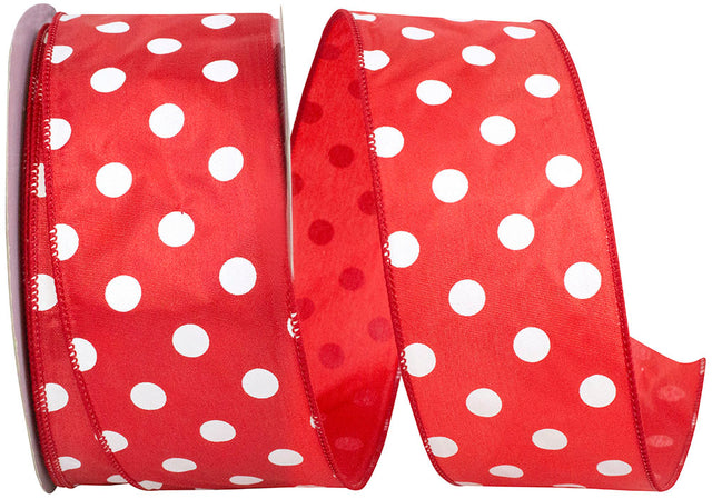 2.5" Red Satin Large White Dots Value Wired Ribbon | 50 Yards