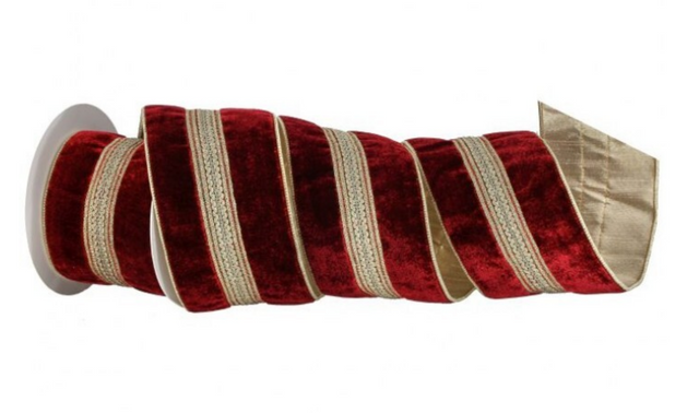 4"Burgundy Velvet Gold back Ribbon with Gold Braid Trim- 5 Yards