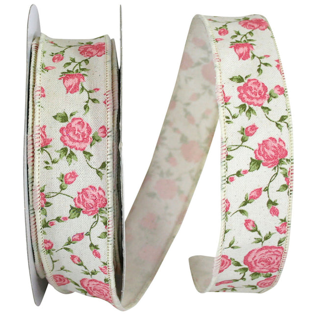 Ivory Victorian Rose Hopsack Wired Ribbon, 1.5" 20 Yards