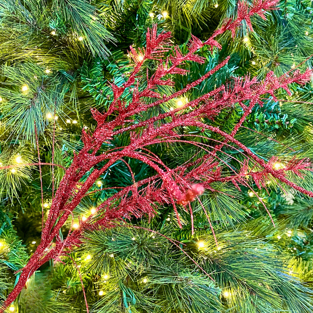 35" Red Glitter/Mica Mini Leaf and Grass Spray