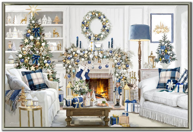 A festive holiday living room scene with a decorated Christmas tree, fireplace mantel, wreath, plaid throw pillows, wrapped gifts, and blue-and-white decor. The image appears to be a framed artwork or print rather than a real photographed room, with the depicted scene itself being the product.
