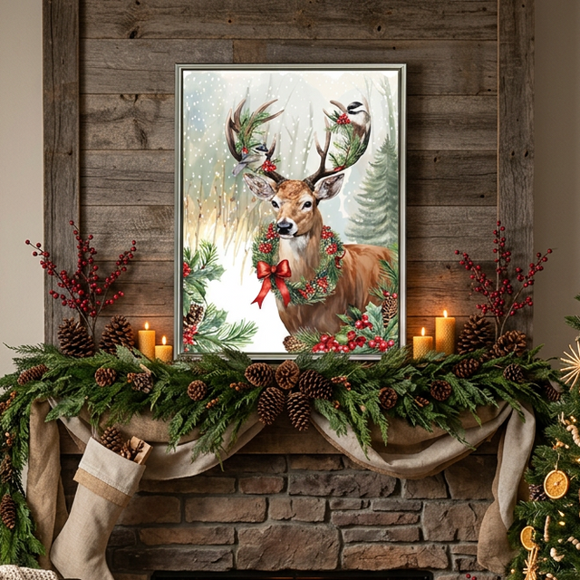 18"x24" Christmas Deer In The Forest Wall Art