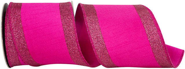 4"X5YDS Fuchsia Glitter Striped Edging Dupioni Deluxe Wired Edge Ribbon