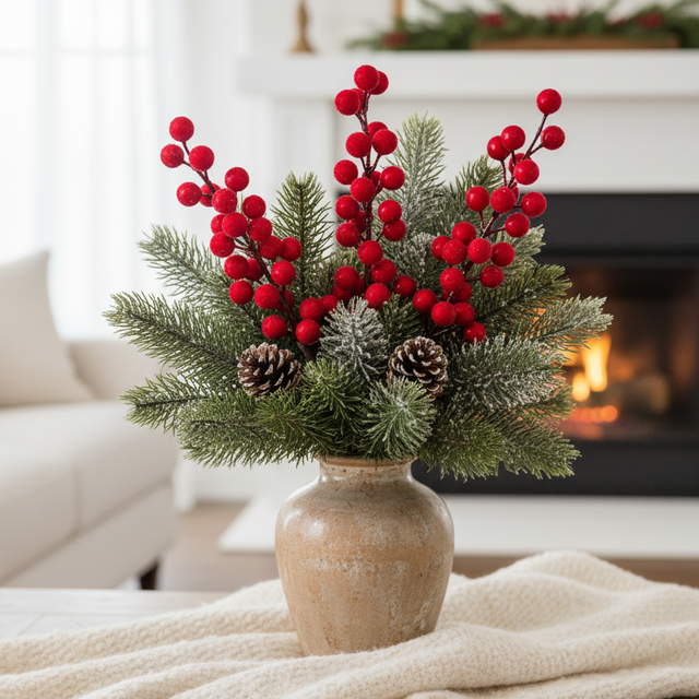 24" Red Flocked Berry Spray