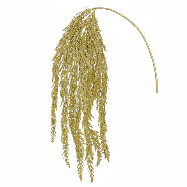 An artificial ornamental grass stem with feathery, branching plumes in a warm golden-tan color, isolated on a plain white background.