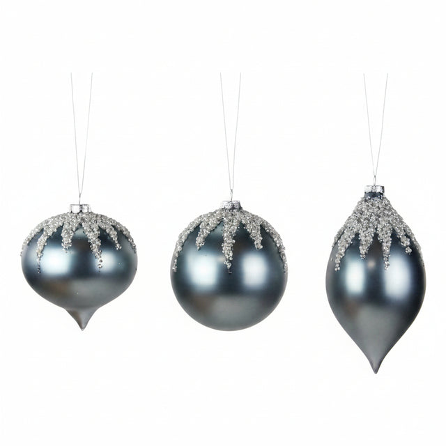5–8"H Glass Ball, Onion Finial Ornaments | Matte Smoke Blue