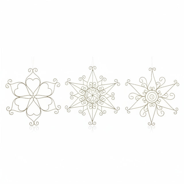 Three ornate metal wire hanging ornaments shaped like snowflakes, shown on a plain white background.