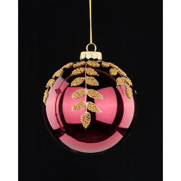 5"D Burgundy Bead and Glitter Leaf Glass Ball Ornament