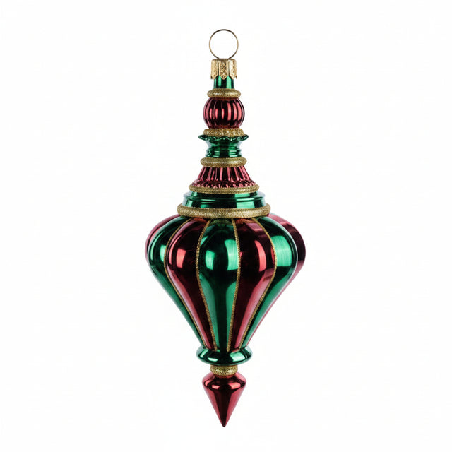 A Christmas ornament shaped like a hot air balloon, featuring alternating green and deep red ribbed panels with gold metallic trim and a gold hanging loop at the top, shown against a plain white background.