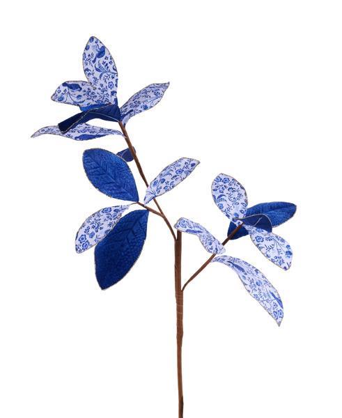 27"L Glitter/Velvet Magnolia Leaf Spray | White/Multi Blue
