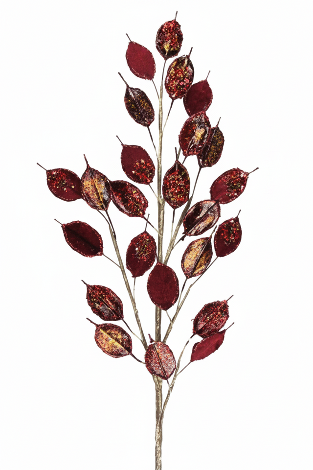 37.5" Velvet/Metallic Money Plant | Burgundy
