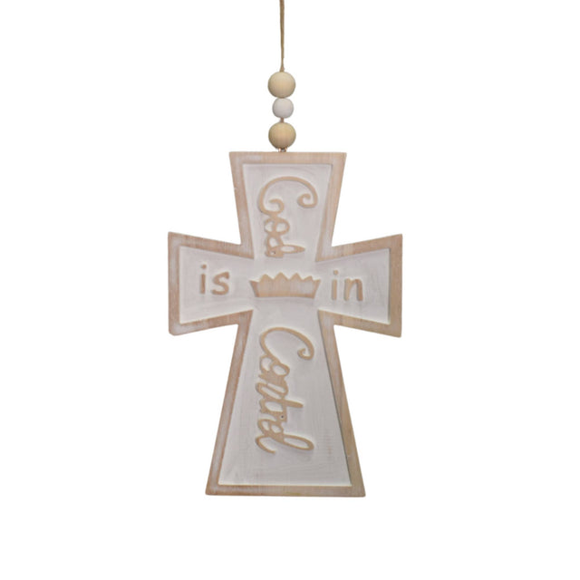 9.75" Wooden Whitewash | "God is in Control" | Cross Ornament