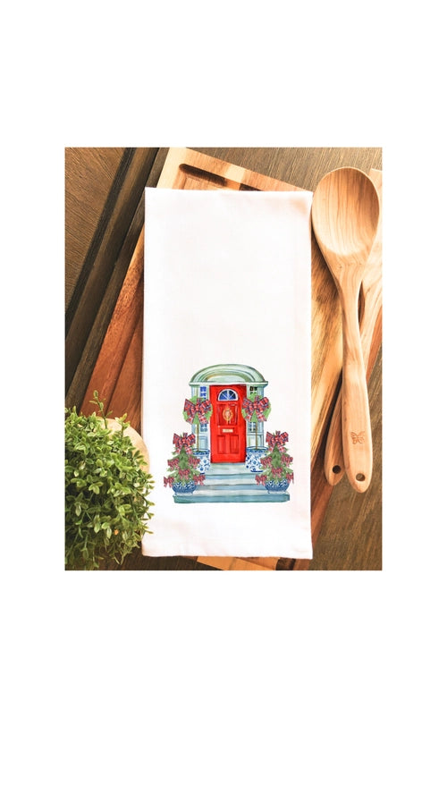 Chinoiserie Christmas Front Porch Tartan Plaid Topiary Tea Towel