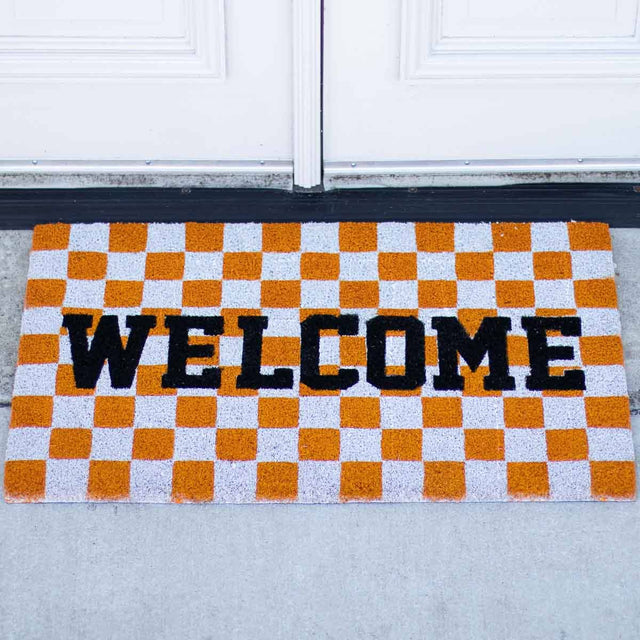 30"x18" Welcome Checkerboard Coir Doormat | White, Orange, & Black