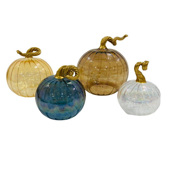 4" Iridescent Teal Hand Blown Glass Pumpkin