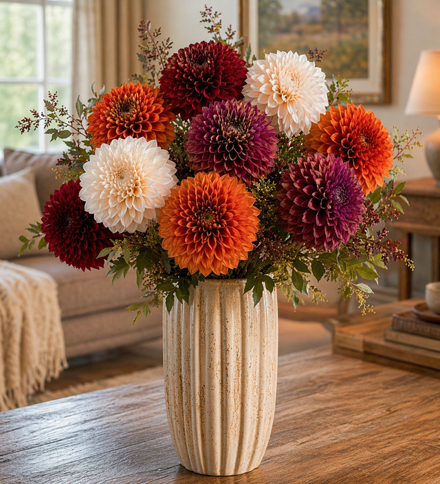 29" Dahlia Stem | Ivory, Burgundy, Plum, Dark Orange