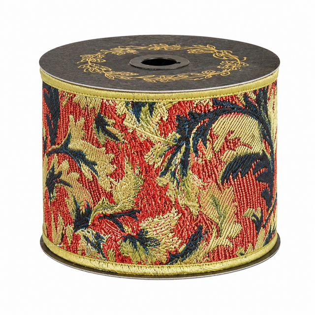 4" x 5yd Red/Apple/Green Acanthus Jacquard Dupioni Fused Ribbon