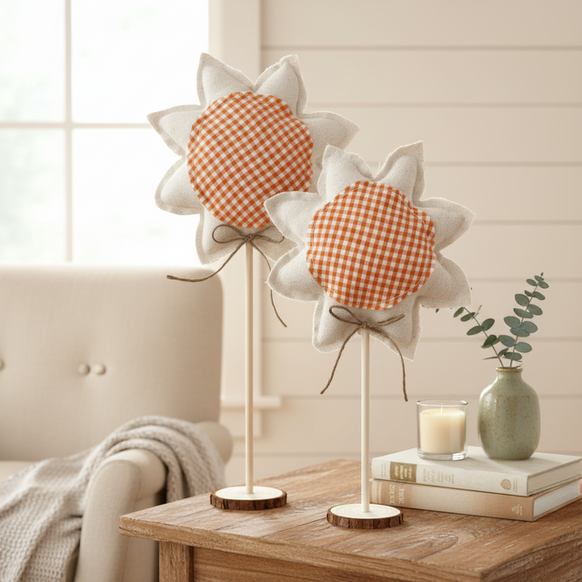 13"/10" Summer Fall Sunflower Set of 2 | Natural Orange Gingham