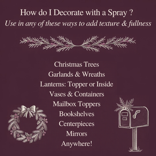 How to decorate with a Christmas spray: trees, wreaths, garlands, lanterns, vases, mailboxes, centerpieces, and mirrors