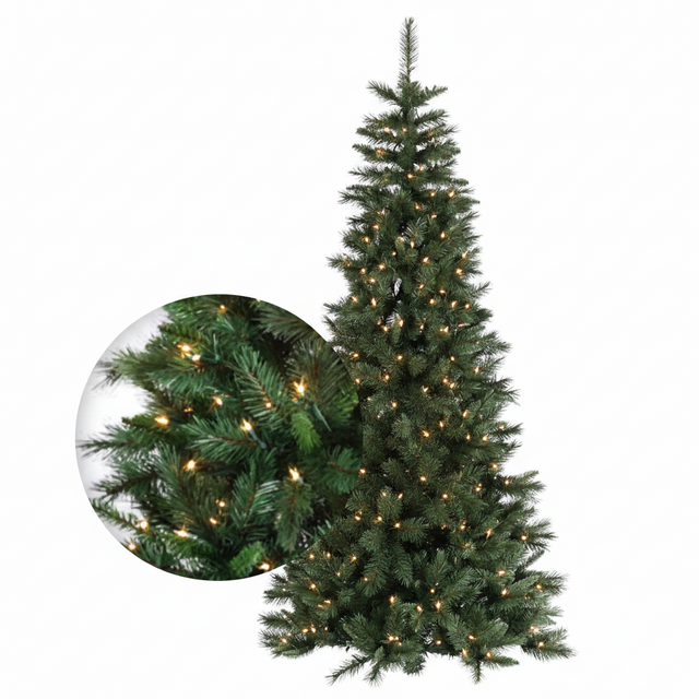 A tall artificial Christmas tree in a silver-white finish with a circular inset showing a close-up of green pine branches with warm white string lights.