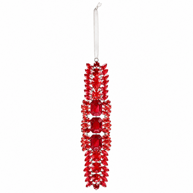 A vertical red floral hanging ornament with three large rectangular red center stones and smaller red faceted accents, suspended by a white string on a plain white background.