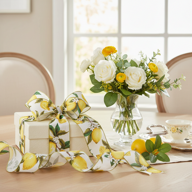 4" Lemon & Leaf Ribbon- 10 Yards