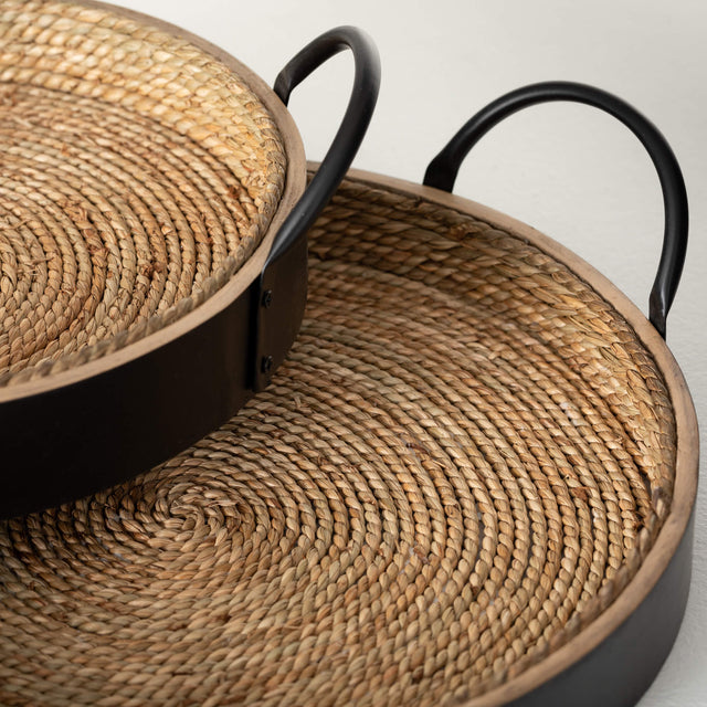 11" Round Wood & Seagrass Tray