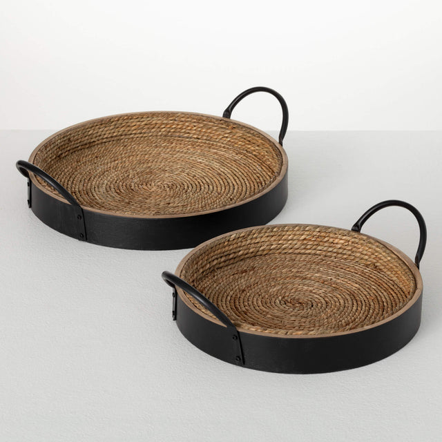 11" Round Wood & Seagrass Tray