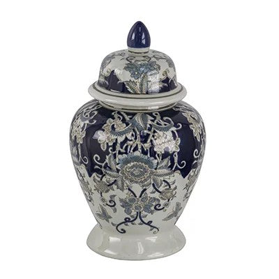 9.8" x 9.8" x 16.5" Blue & White Ornate Ginger Jar
