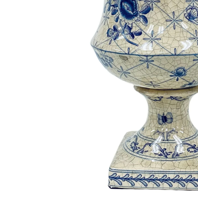 Blue & White Floral Pedestal Urn – 10"