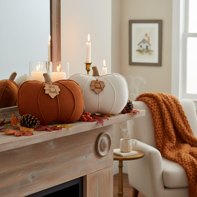 15" Pumpkin with Leaf Pillow | Burnt Orange or Cream