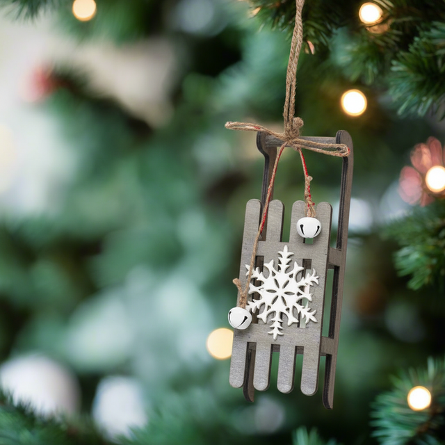 9" Grey-White Wooden Sled Ornament with Jingle Bells and Twine