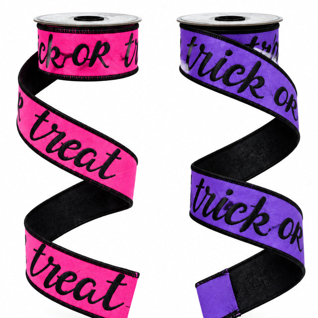 1.5" x 5 YDS Black Felt Trick or Treat Ribbon | Available in Hot Pink or Purple