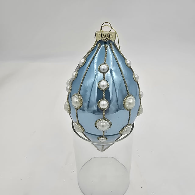 4–6" Ice Blue Glass Ornament with Pearl Detail | Finial or Ball Style