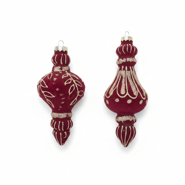 5.5" Burgundy Glass Flock Glitter Finial Ornament