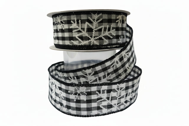 1.5" x 10yd Snowflakes on Gingham Ribbon