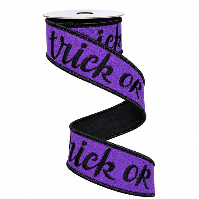 1.5" x 5 YDS Black Felt Trick or Treat Ribbon | Available in Hot Pink or Purple