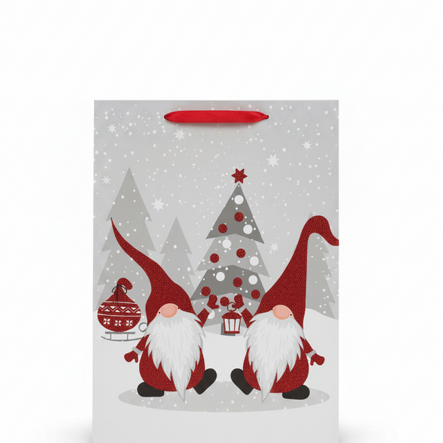 Giftbag paper rectangular red glitter gnome