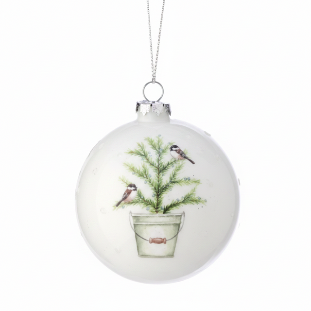 5" White Glass/ Birds on Tree/ Ornament