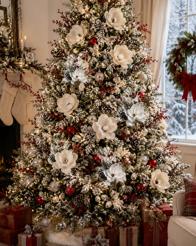 20" Red/White Snowy Magnolia & Berry Pick